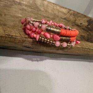 Coral and Pink Colored Beaded Coil Bracelet